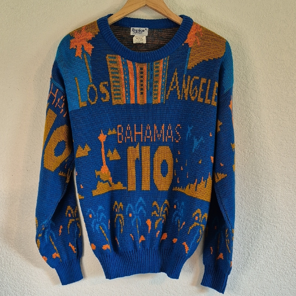 Repage Blue Golden Yellow Crewneck Sweater Rio Los Angeles Bahamas Palm Trees XL